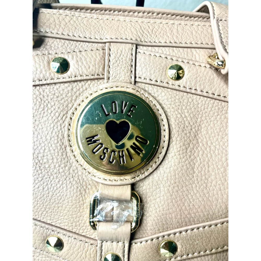 NWT Love Moschino Borsa Leather Tan Tote Bag with studded details